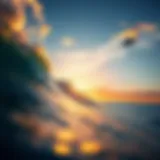 A breathtaking view of a surfer riding a wave at sunset