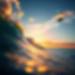 A breathtaking view of a surfer riding a wave at sunset
