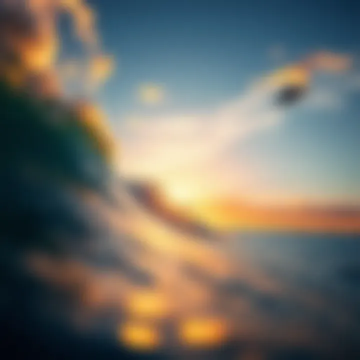 A breathtaking view of a surfer riding a wave at sunset
