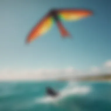 A vibrant kite soaring in the sky above turquoise waters