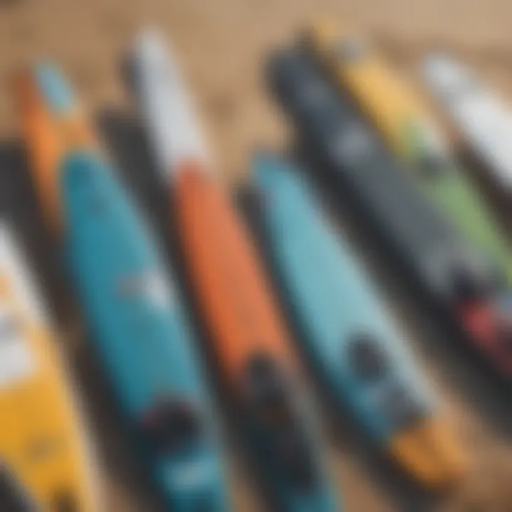 Various types of kiteboards displayed