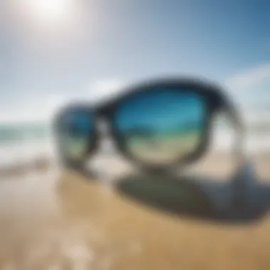 Kitesurfing sunglasses resting on a surfboard