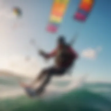 A vibrant kitesurfing scene with colorful kites soaring above the waves