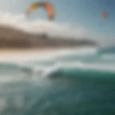 A picturesque coastline with ideal kitesurfing conditions and enthusiasts enjoying the sport