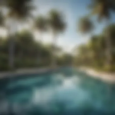 Serene pool area surrounded by palm trees at Coconut Bay