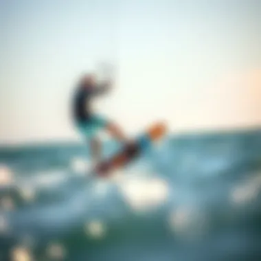 A kiteboarder riding a foilboard against a stunning ocean backdrop