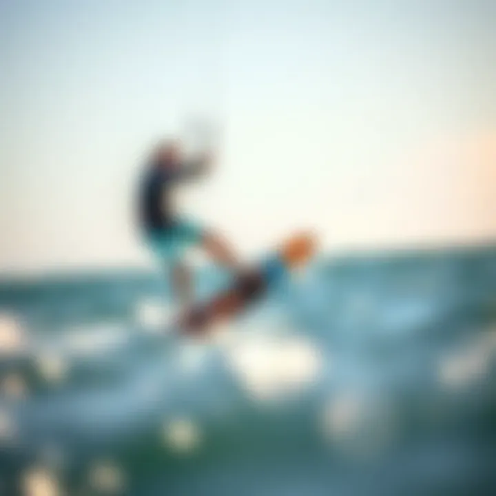 A kiteboarder riding a foilboard against a stunning ocean backdrop