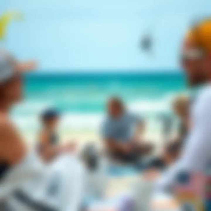 A community gathering of kiteboarders sharing experiences and advice
