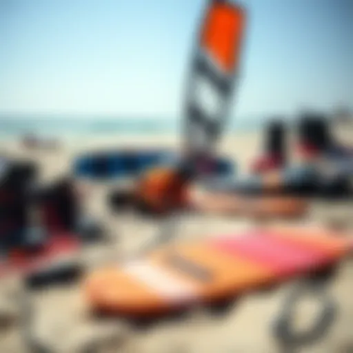 An array of beginner kiteboarding gear laid out on the beach