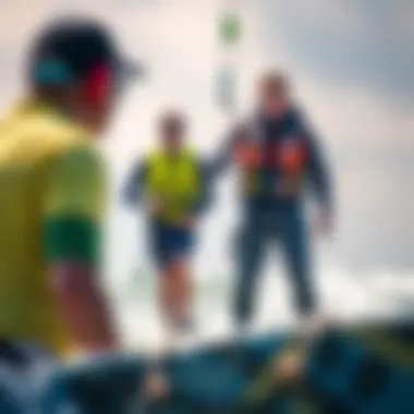A novice kiteboarder receiving safety instructions from an instructor