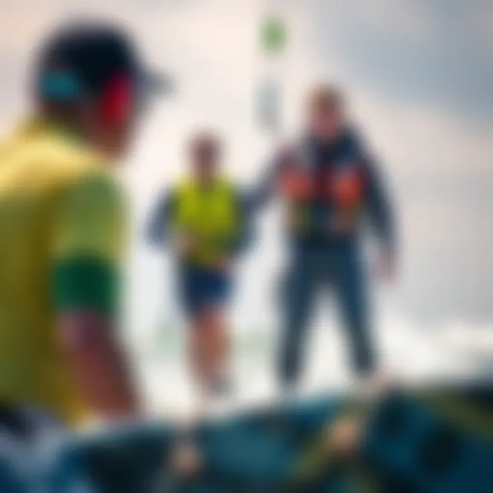 A novice kiteboarder receiving safety instructions from an instructor
