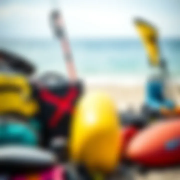 An array of essential kitesurfing gear neatly organized.