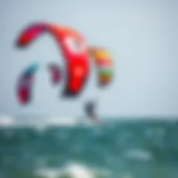 A vibrant kitesurfing scene showcasing colorful kites against a tranquil sea.