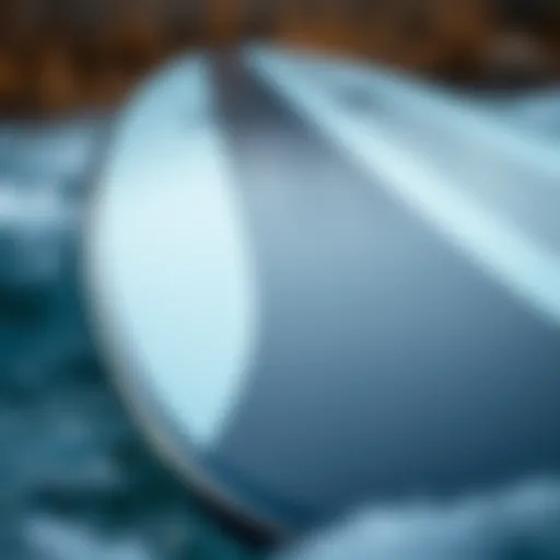 Close-up view of a high-performance foil surfing board showcasing its sleek design and materials