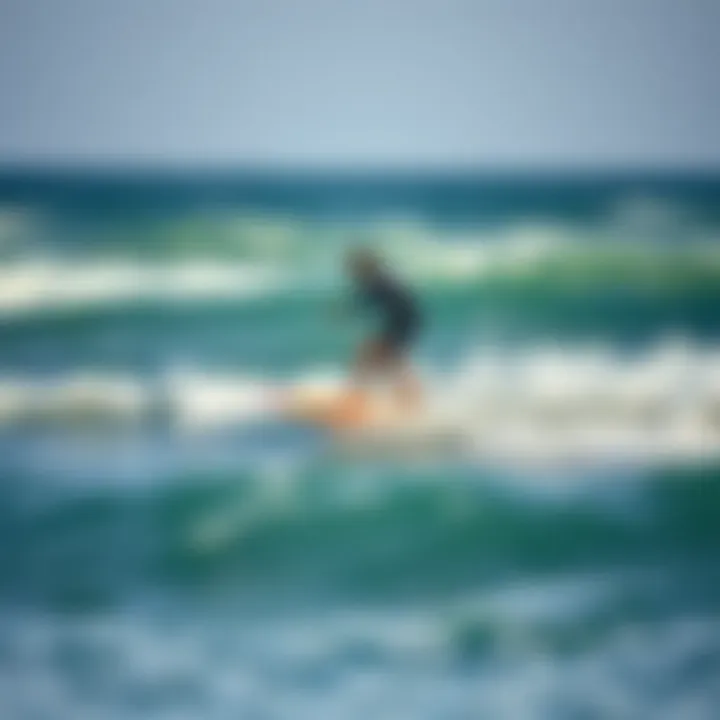 Surfer riding a foil board in dynamic ocean waves, demonstrating balance and technique