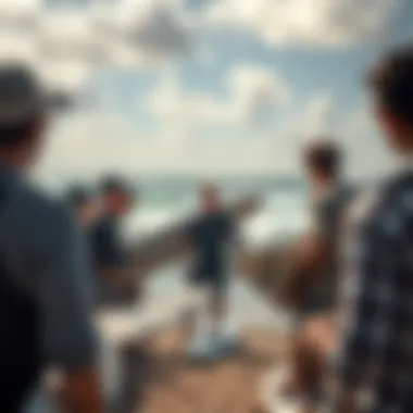 Community gathering of surfers discussing foil surfing trends and experiences