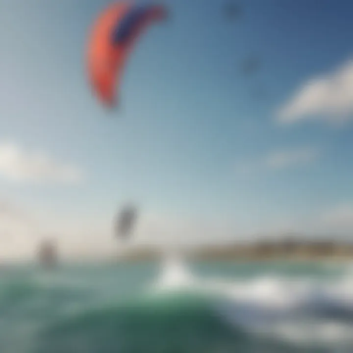 A scenic kitesurfing spot with enthusiasts of varying skill levels enjoying the water, illustrating community engagement