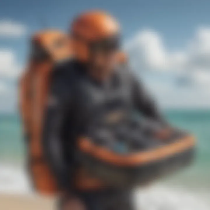 A well-organized kitesurfing gear bag open, revealing essential safety equipment like helmets and impact vests