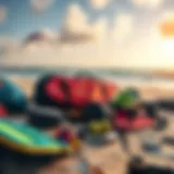Essential Kiteboarding Equipment High-quality kiteboarding gear laid out on a beach