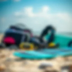 Kitesurfing gear laid out on a beach