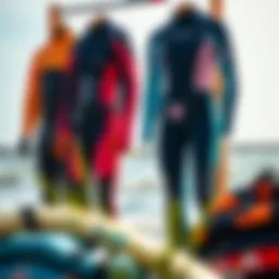 Diverse selection of kiteboarding wetsuits on display