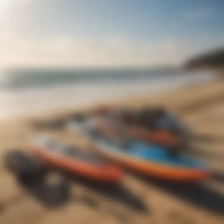 Diverse kiteboarding gear lined up on the beach