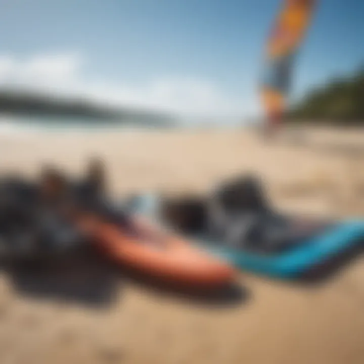 Kiteboarding equipment laid out on the beach