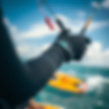 Kiteboarder wearing Dakine gloves during an active session on the water