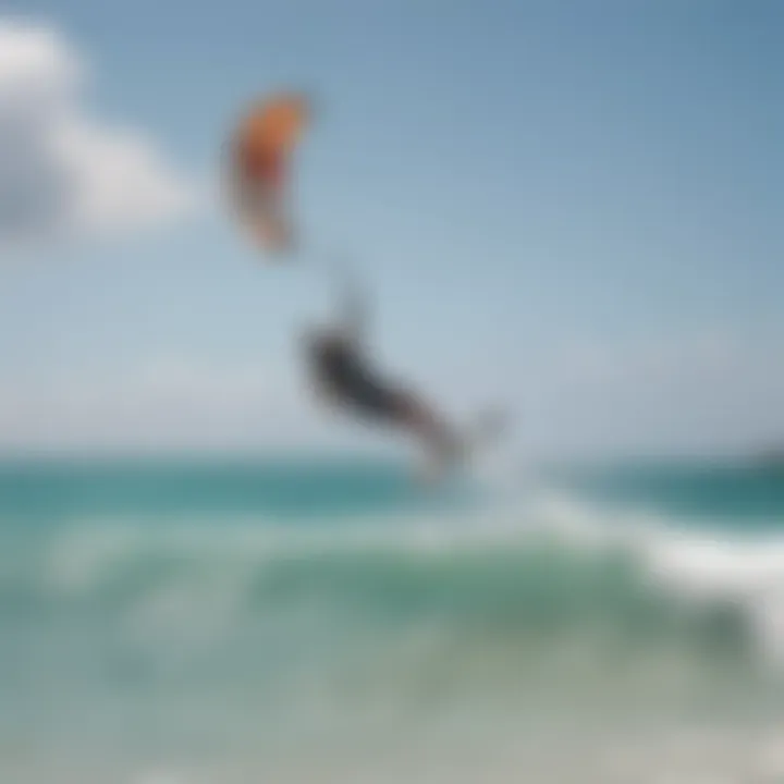 Adventurous kiteboarder soaring above the waves during a sunny day at Diani Beach.