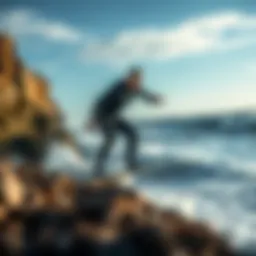 Drysuit surfing on a rugged coastline