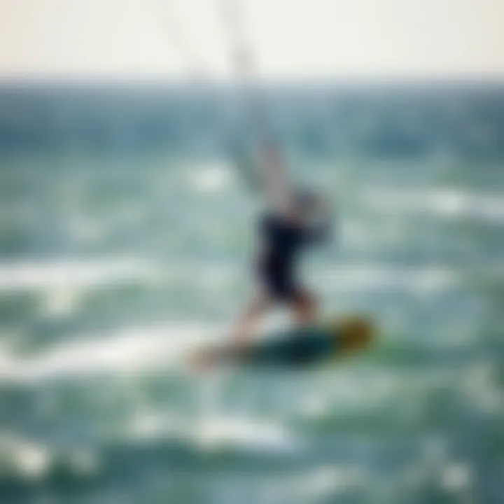 Maneuvering with Duotone Foil Wing in Ocean Conditions Kiteboarder maneuvering with a Duotone foil wing against an ocean backdrop
