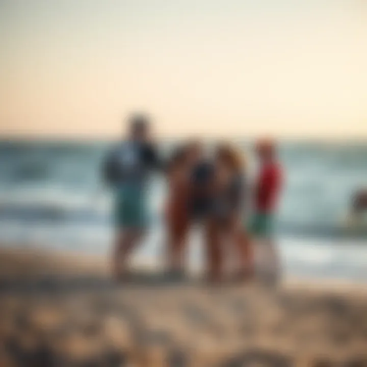 A group of kiteboarders sharing experiences on the shore