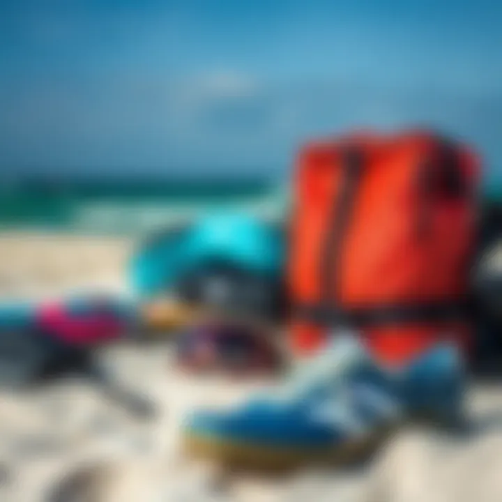 Essential kiteboarding gear laid out on a sandy beach