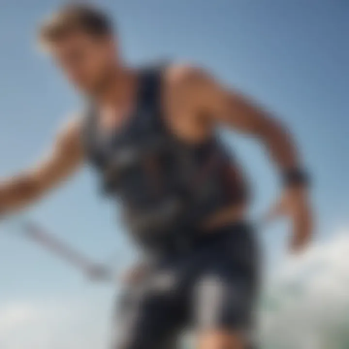 A close-up of a kitesurfing harness emphasizing ergonomic design and comfort features