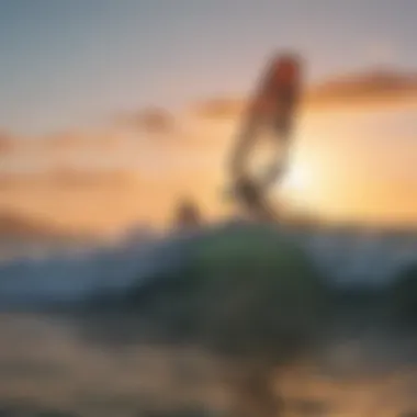 Kiteboarders navigating the waves against a sunset backdrop