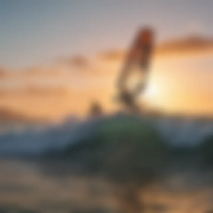 Kiteboarders navigating the waves against a sunset backdrop