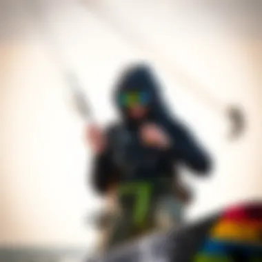 Evaluating Kiteboarding Equipment Discreetly A kiteboarder analyzing gear in a subtle manner.