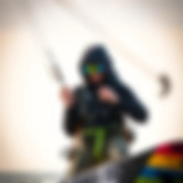 Evaluating Kiteboarding Equipment Discreetly A kiteboarder analyzing gear in a subtle manner.