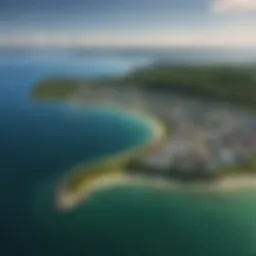 Aerial view of Mackinac Island with surrounding waters