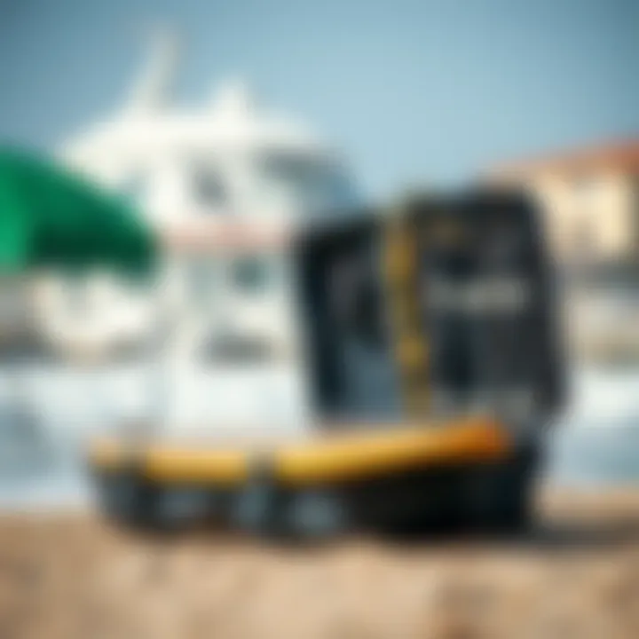 A close-up view of a hard shell surfboard travel case showcasing its durability
