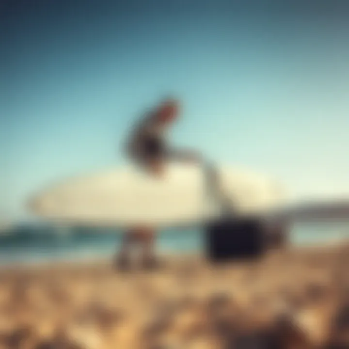 A traveler securing a hard shell surfboard case for a journey