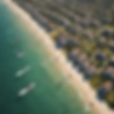 An aerial view of a kiteboarding community enjoying a sunny day