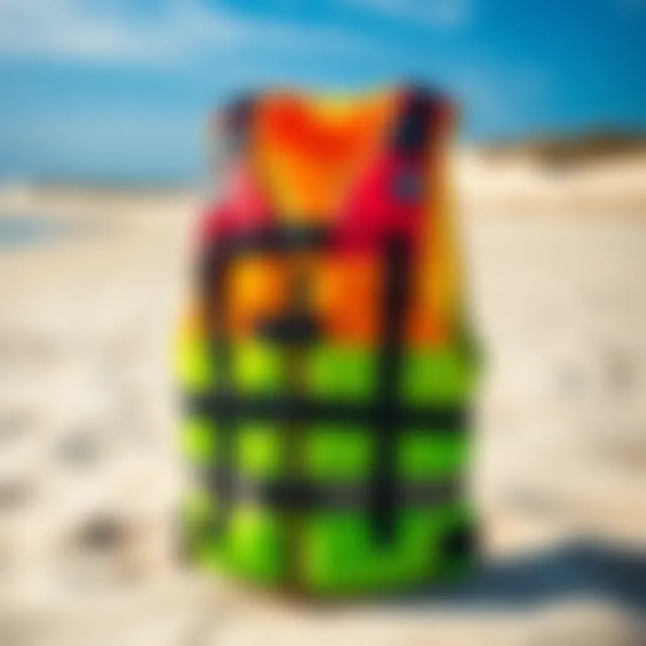 A vibrant buoyancy vest displayed on a sandy beach, illustrating its design and colors.