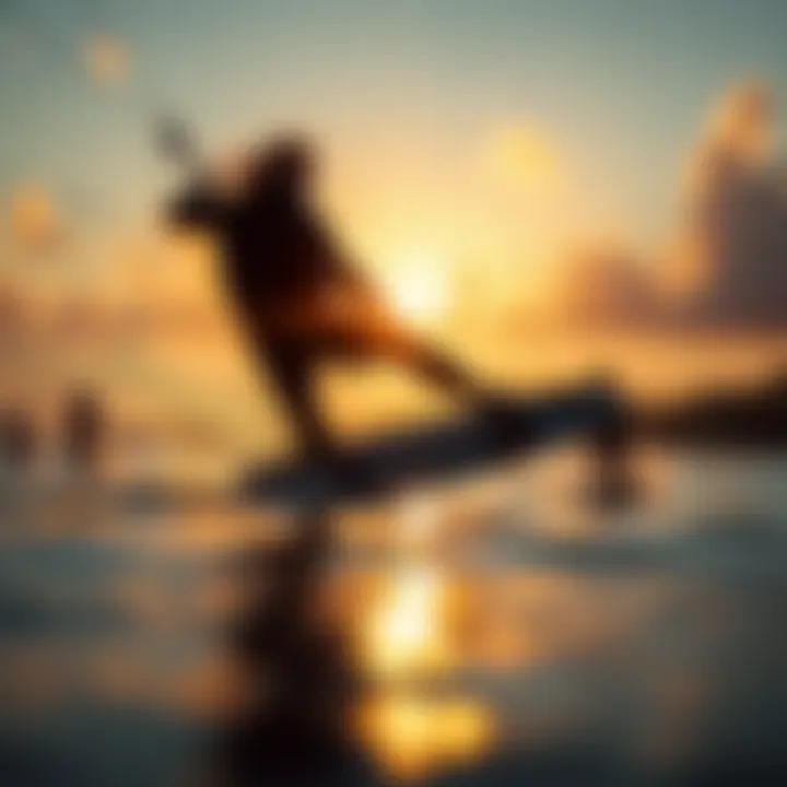 Adventurers enjoying kiteboarding at sunset