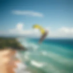 Cabrinha kite soaring in the sky above a vibrant beach