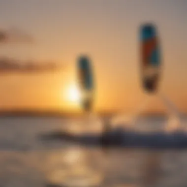 A panoramic view of kiteboarders using hydrofoils at sunset