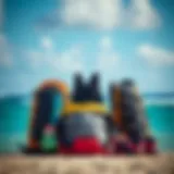 Kiteboarding gear displayed against a vibrant ocean backdrop