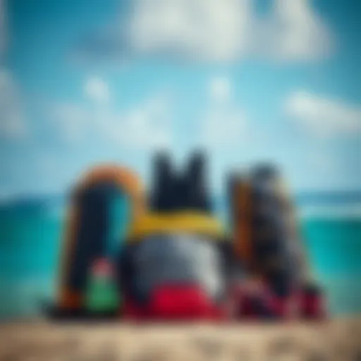 Kiteboarding gear displayed against a vibrant ocean backdrop