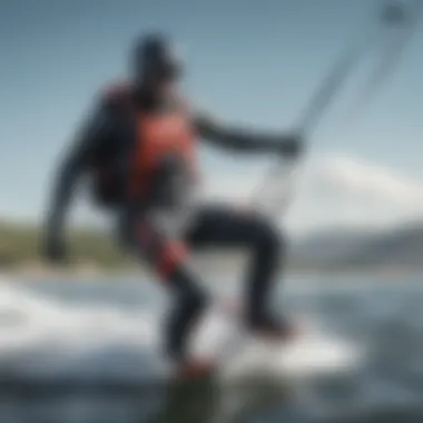 Drysuit worn by a kiteboarder in action against a cold water backdrop