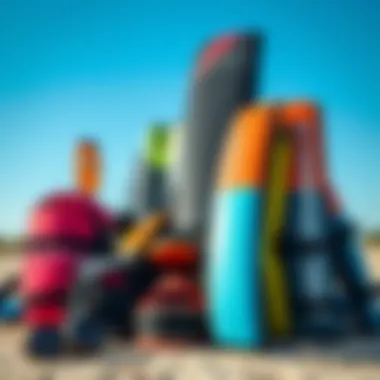 An array of kiteboarder gear showcasing various kite designs